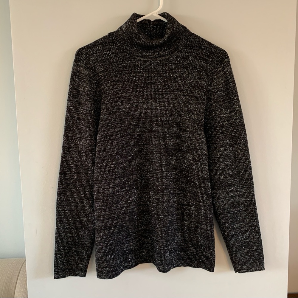 Turtleneck Sweater Sparkle Knit Black Silver Glitter Long Sleeve Size XL